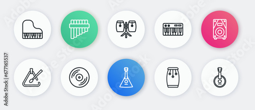Set line Balalaika, Stereo speaker, Triangle musical instrument, Conga drums, Music synthesizer, Banjo and Vinyl disk icon. Vector