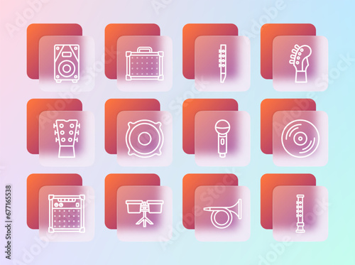 Set line Guitar neck, Bongo drum, Microphone, Trumpet, Stereo speaker, Flute, and amplifier icon. Vector