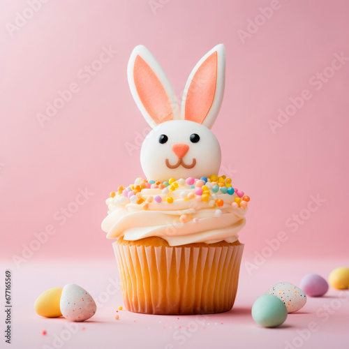 Easter cupcake with decoration in the form of an Easter bunny
