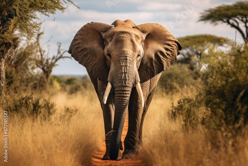 an elephant walking through a field