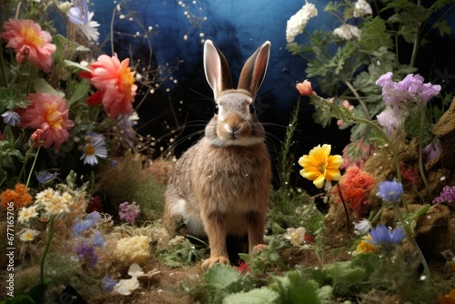 a rabbit sitting in a garden with plants