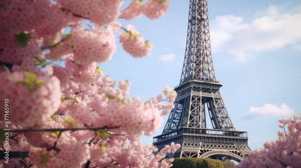 Eiffel Tower in Paris with purple tree created with Generative AI technology