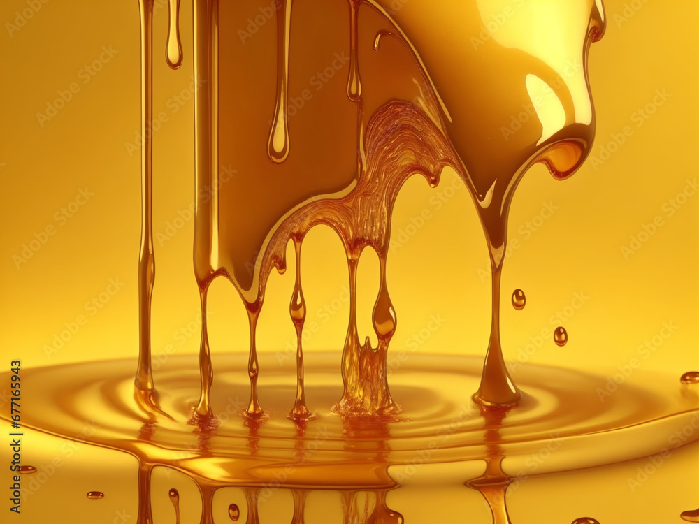 Golden liquid is dripping and golden background. Honey or caramel is flowing to the floor below. generative ai