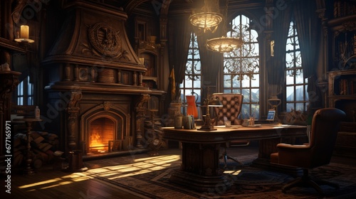 A Victorian-inspired study room complete with ornate woodwork  a fireplace  and a traditional writing desk.