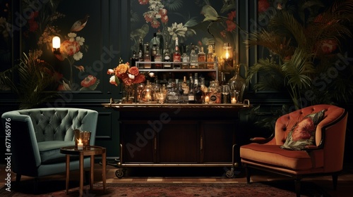 A vintage-inspired cocktail lounge with velvet seating, retro wallpaper, and a classic bar cart.