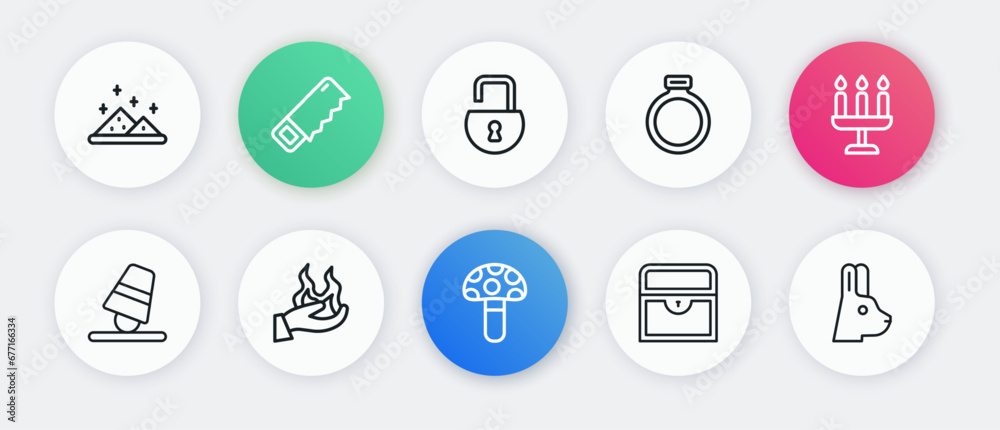 Set line Psilocybin mushroom, Candlestick, Game thimbles, Antique treasure chest, Magic stone ring, Open padlock, Rabbit with ears and Hand holding fire icon. Vector Set line Psilocybin mushroom, Candlestick, Game thimbles, Antique treasure chest, Magic stone ring, Open padlock, Rabbit with ears and Hand holding fire icon. Vector