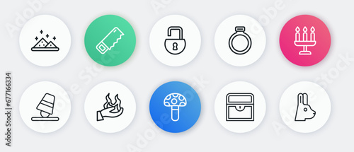 Set line Psilocybin mushroom, Candlestick, Game thimbles, Antique treasure chest, Magic stone ring, Open padlock, Rabbit with ears and Hand holding fire icon. Vector