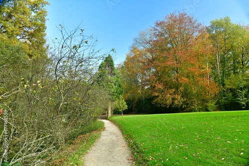 Chemin entre pelouse et bois en automne au domaine du château de la Hulpe en Brabant Wallon 