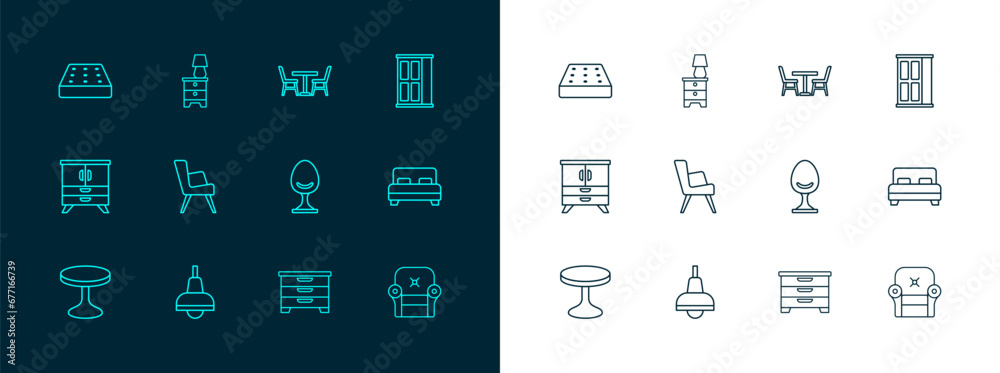 Set line Wardrobe, Lamp hanging, Armchair, Chest of drawers, Table with, Mattress and Furniture nightstand lamp icon. Vector Set line Wardrobe, Lamp hanging, Armchair, Chest of drawers, Table with, Mattress and Furniture nightstand lamp icon. Vector
