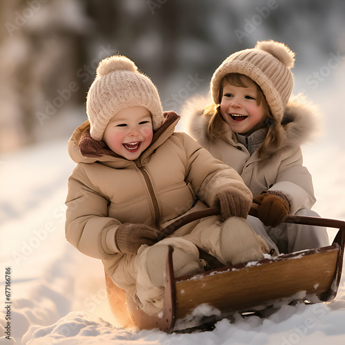 Two five-year-old children are sledding, their cute faces shining with joy and happiness. Winter activities concept.