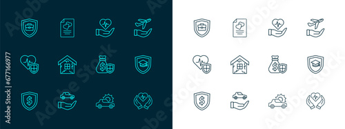 Set line Plane in hand, Car insurance, Money bag with shield, House, Life, Briefcase and Marriage contract icon. Vector