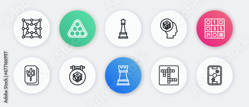 Set line Chess, Bingo card, Mahjong pieces, Crossword, Game dice, Air hockey table and icon. Vector