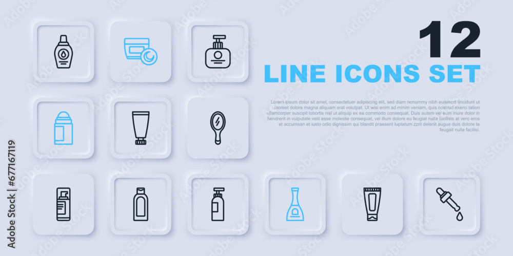 Set line Cream or lotion cosmetic tube, Pipette with oil, Bottle of nail polish, Deodorant roll, shampoo, and icon. Vector Set line Cream or lotion cosmetic tube, Pipette with oil, Bottle of nail polish, Deodorant roll, shampoo, and icon. Vector