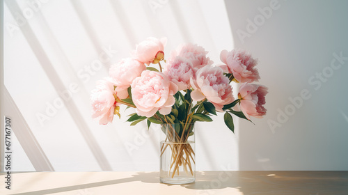 Bouquet of pink peonies in a beautiful vase on table. Springtime blossom, peony bunch. Beautiful spring fresh flowers. Bright room flooded with sun. Floral romantic. Women’s holiday. Generated AI © Iuliia Pilipeichenko