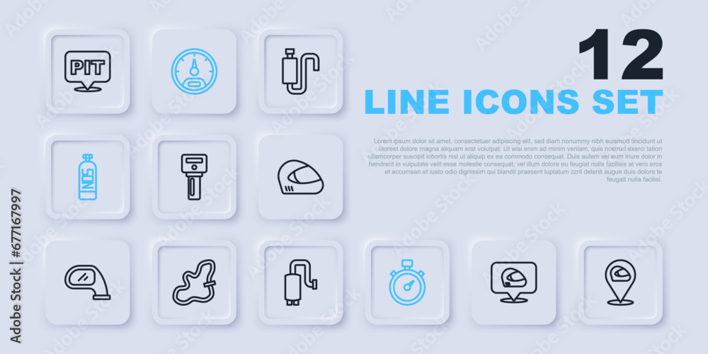 Set line Racing helmet, Car key with remote, Stopwatch, Nitrous oxide, track, Speedometer and muffler icon. Vector Set line Racing helmet, Car key with remote, Stopwatch, Nitrous oxide, track, Speedometer and muffler icon. Vector