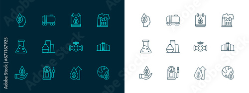 Set line Oil and gas industrial factory, Petrol station, pipe with valve, price increase, tank storage, drop dollar symbol, and railway cistern icon. Vector