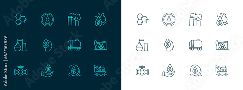 Set line Oil drop with dollar symbol, railway cistern, and gas industrial factory, Molecule oil and Motor gauge icon. Vector