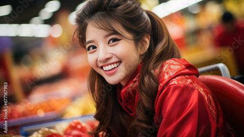 Portrait of smiling vogue Asian girl with Chinese traditional clothing, Chinese New Year supermarket background