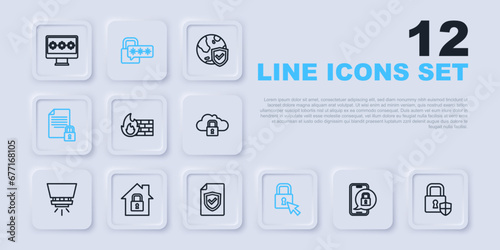 Set line Mobile with closed padlock, Shield security, Firewall, wall, Lock, Document and, House under protection, Cyber and Contract shield icon. Vector