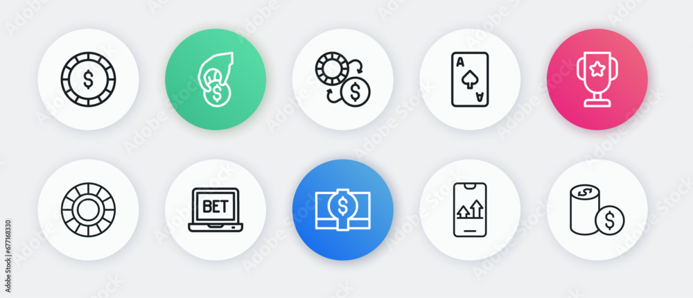 Set line Stacks paper money cash, Casino poker trophy cup, chips, Online sports betting, Playing card with spades symbol, exchange, dollar and icon. Vector Set line Stacks paper money cash, Casino poker trophy cup, chips, Online sports betting, Playing card with spades symbol, exchange, dollar and icon. Vector
