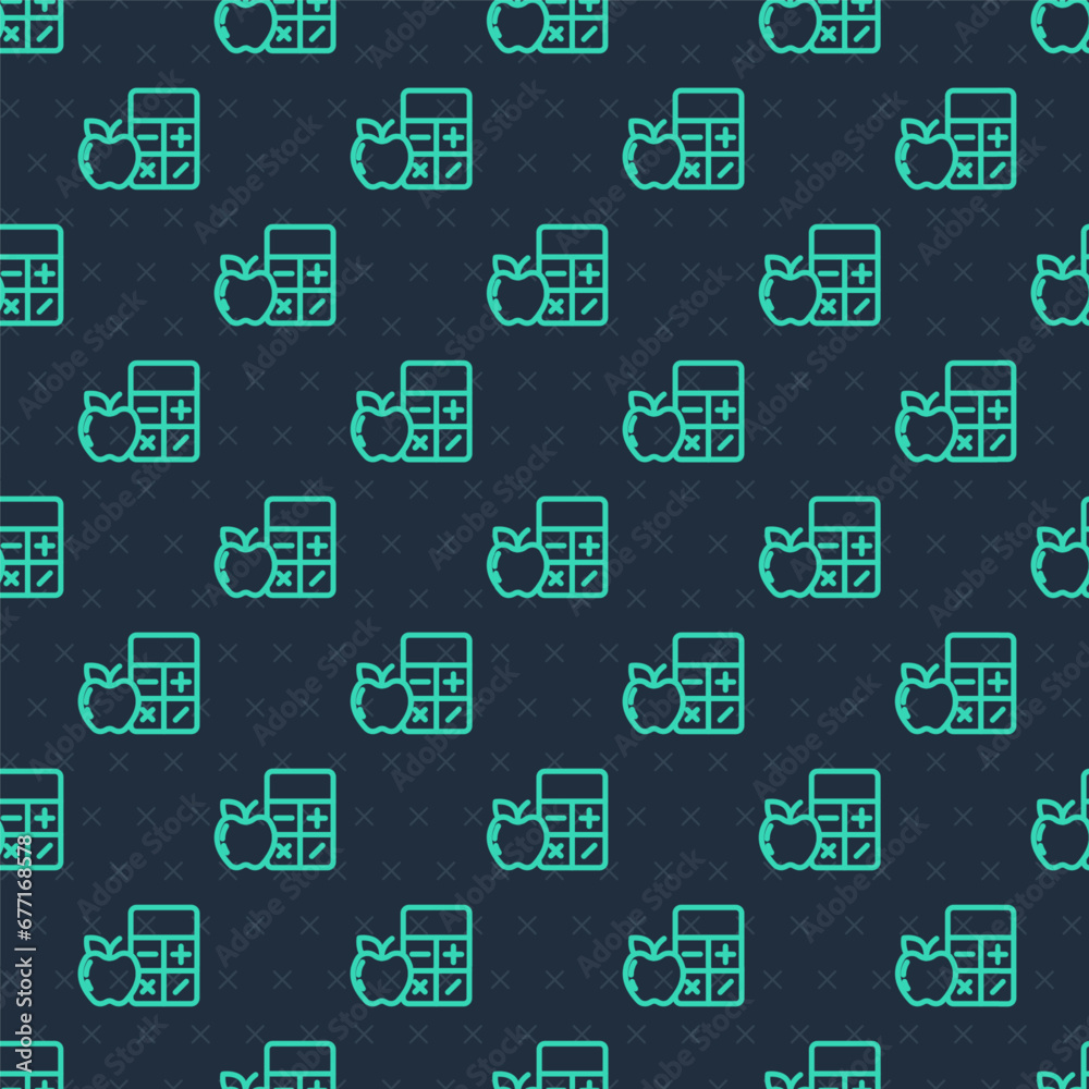 Green line Calorie calculator icon isolated on isolated seamless pattern on blue background. Calorie count. Diet. Weight loss. Portion control. Healthy eating. Dietary nutrition. Vector Green line Calorie calculator icon isolated on isolated seamless pattern on blue background. Calorie count. Diet. Weight loss. Portion control. Healthy eating. Dietary nutrition. Vector