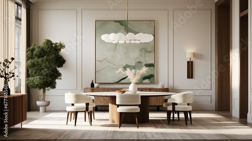 A modern dining room with a green rug and artful furniture, in the style of minimalistic symmetry, grandiose interiors, Robert Irwin, layered textures and patterns, emotive lighting, prudence heard,  photo