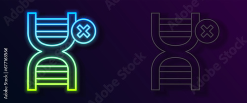 Glowing neon line No GMO icon isolated on black background. Genetically modified organism acronym. Dna food modification. Vector