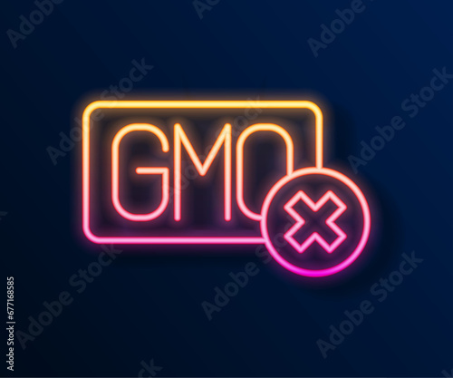 Glowing neon line No GMO icon isolated on black background. Genetically modified organism acronym. Dna food modification. Vector