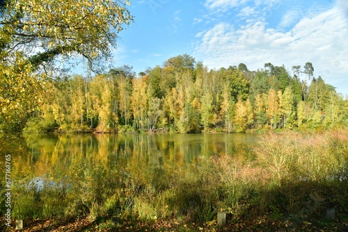 Paysage bucolique d'automne par les feuillages dorées des arbres autour du second étang au domaine du château de la Hulpe 