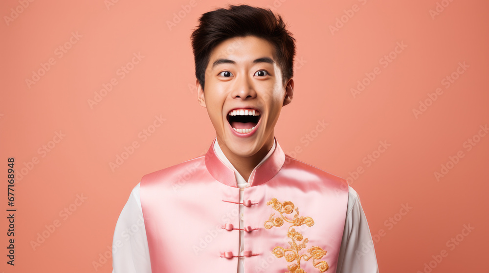 Fototapeta premium Portrait of smiling vogue Asian man with Chinese traditional clothing, solid color background