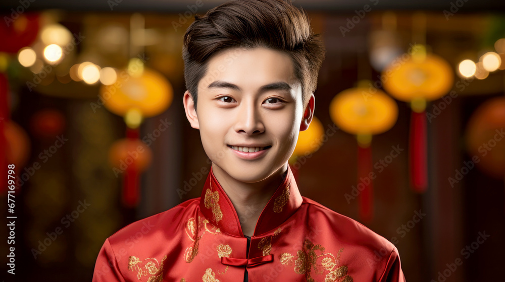 Portrait of smiling vogue Asian man with Chinese traditional clothing, Chinese New Year background Portrait of smiling vogue Asian man with Chinese traditional clothing, Chinese New Year background