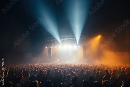 The contrast of cool blue and warm orange stage lights envelops a lively concert, with beams penetrating the hazy air above the silhouette of a jubilant crowd