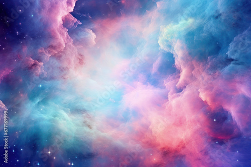 A vibrant tapestry of the cosmos unfolds in hues of blue, pink, and purple, showcasing the dynamic beauty of nebulae, stars, and interstellar clouds in a celestial spectacle. photo