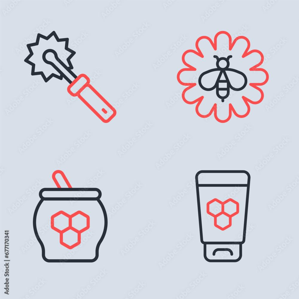 Set line Bee on flower, Jar of honey and dipper stick, Cosmetic tube with and Cutter roll for icon. Vector Set line Bee on flower, Jar of honey and dipper stick, Cosmetic tube with and Cutter roll for icon. Vector