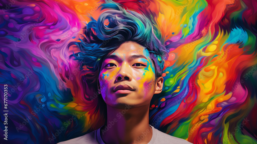 Portrait of an asian man with rainbow colors, generated with ai - obrazy, fototapety, plakaty 