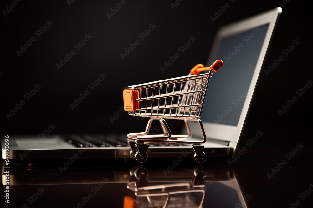 Vente en ligne, e-commerce, image conceptuelle avec ordinateur et caddie, arrière-plan noir