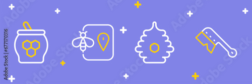 Set line Beekeeping brush, Hive for bees, location and Jar of honey and dipper stick icon. Vector