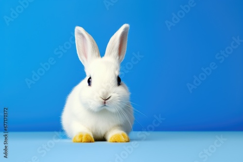 Un adorable petit lapin blanc sur un fond bleu photo