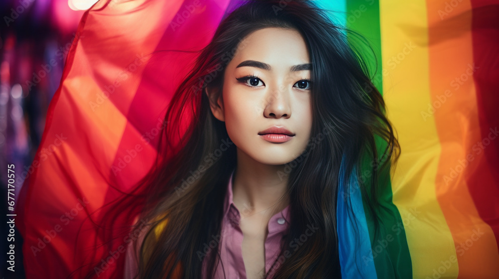 Portrait of an asian woman with rainbow flag, generated with ai Portrait of an asian woman with rainbow flag, generated with ai