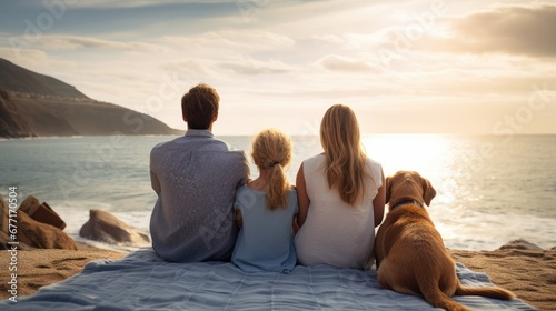 Happy family sits by the beach of sea with the dog. © Oulaphone