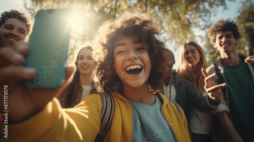 Group of generation Z friends doing dancing on camera phone. Friend having fun social media trends.