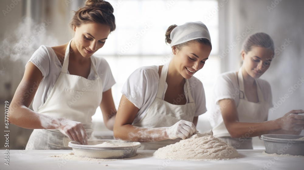 A Women preparing dough in bakery kitchen. A Women preparing dough in bakery kitchen.