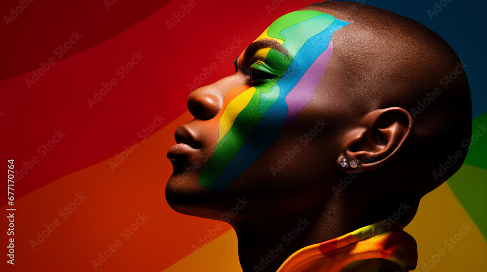 Portrait of a black member of the LGBTQ community with rainbow colors, generated with ai - obrazy, fototapety, plakaty 