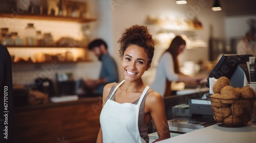 Portrait of Young adult woman standing in bakery shop. small business owner.