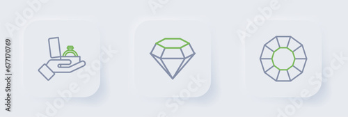 Set line Diamond, and engagement ring in box icon. Vector
