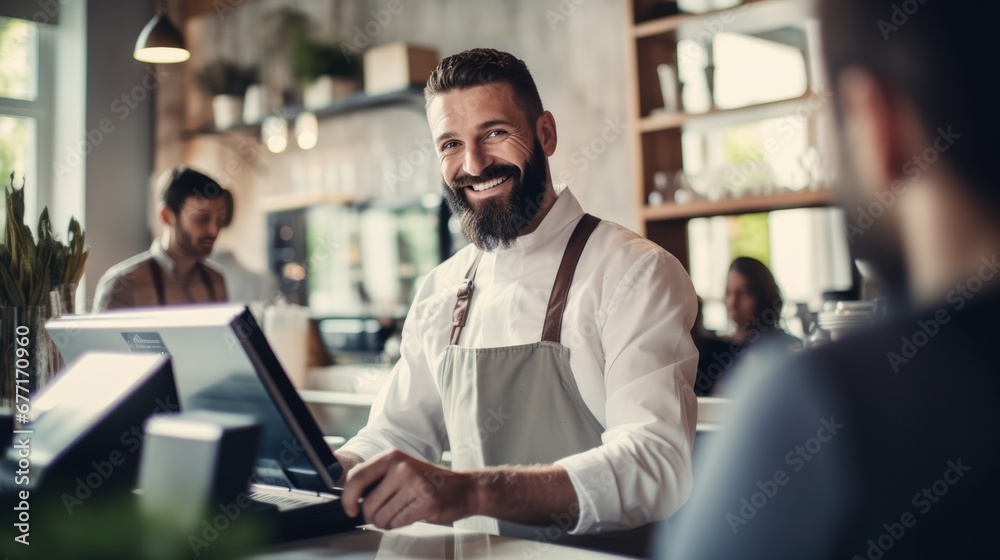 Portrait of handsome bearded barista man small business owner taking order with customer behind the counter bar in cafe. Coffee shop. Portrait of handsome bearded barista man small business owner taking order with customer behind the counter bar in cafe. Coffee shop.