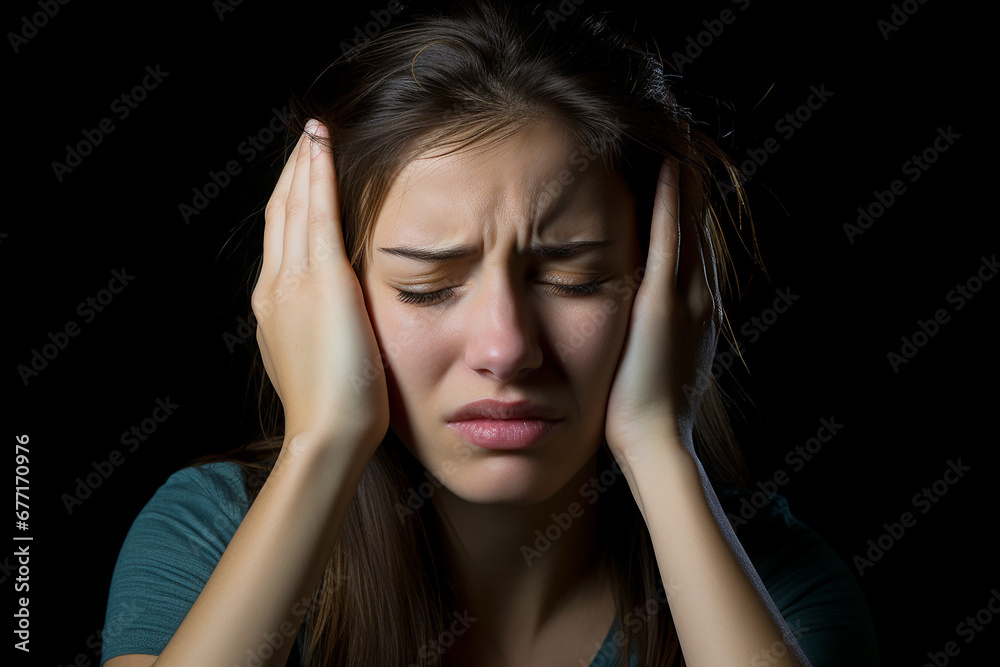 Young woman with severe migraine holding her head with her hands. health and medicine concept Young woman with severe migraine holding her head with her hands. health and medicine concept