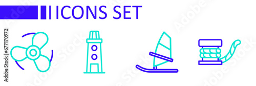 Set line Marine bollard with rope, Windsurfing, Lighthouse and Boat propeller icon. Vector