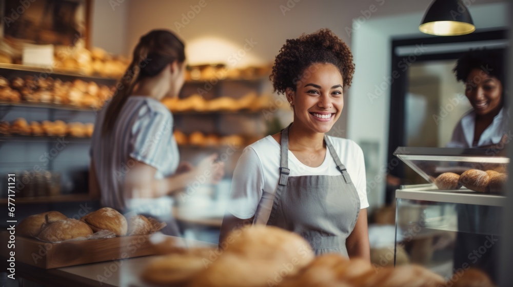 Portrait of Young adult woman standing in bakery shop. small business owner.