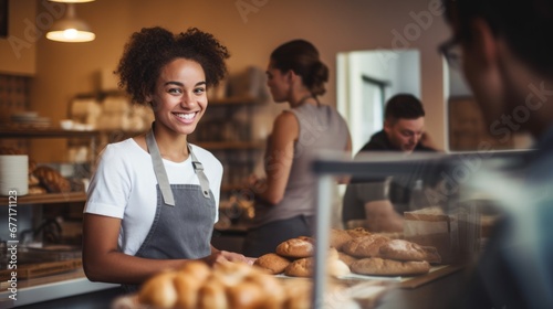 Portrait of Young adult woman standing in bakery shop. small business owner. photo